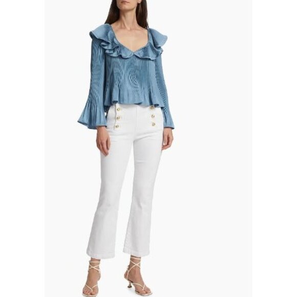 Derek Lam 10 Crosby Charis Pleated Ruffle Whimsy Top Long Bell Sleeves Blue S - Picture 3 of 15